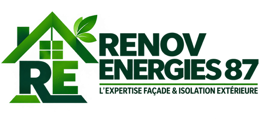 Rénovation Énergétique 87 : Façade et Isolation Extérieure Logo Renov Energies 87, expertise façade et isolation extérieure. Maison verte stylisée symbole d'éco-rénovation.