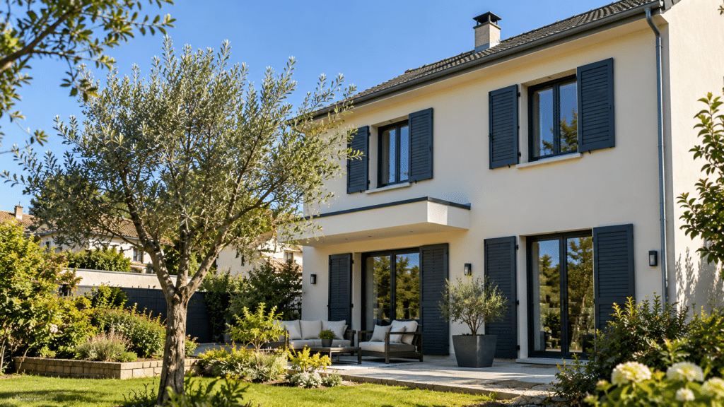 Maison contemporaine avec terrasse et volets anthracite Façade de maison contemporaine crème avec volets gris, terrasse aménagée et jardin paysager ensoleillé.