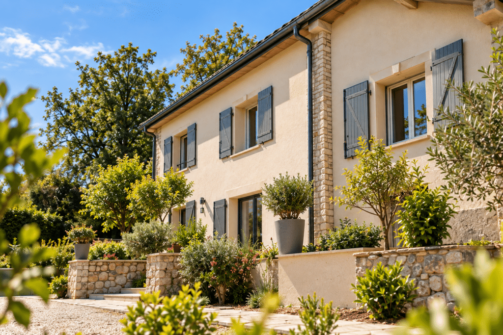 Maison provençale avec jardin paysager et volets gris Maison provençale beige aux volets gris, jardin paysager avec murets en pierre et plantes sous un soleil éclatant.