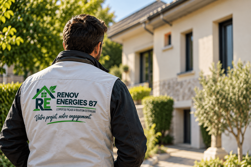 Renov Energies 87 : Expert en isolation extérieure et façade Expert Renov Energies 87 devant une maison. Texte : L'expertise façade & isolation extérieure. Votre projet, notre engagement.