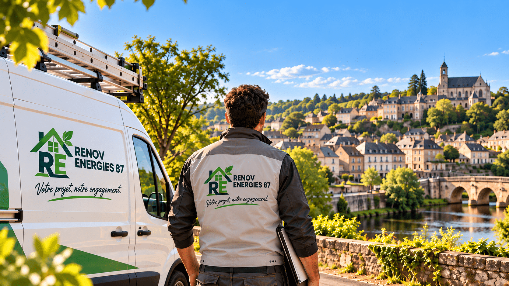 Renov Energies 87 : Expert en Rénovation Énergétique Technicien et van Renov Energies 87 devant un village français. Slogan : Votre projet, notre engagement.