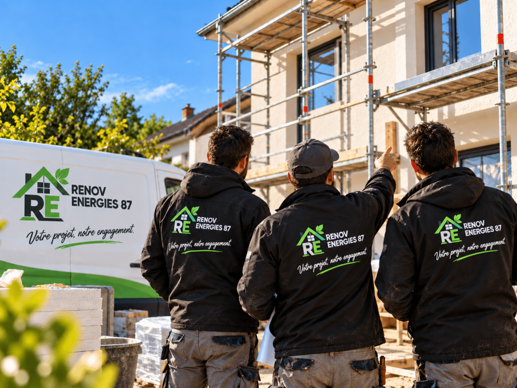 Renov Energies 87 : artisans en rénovation de maison Trois artisans de Renov Energies 87 devant une maison en rénovation avec échafaudage et leur camionnette de chantier.