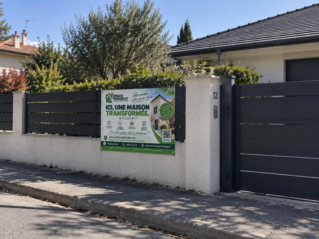 Rénovation de maison à Limoges avec Renov Energies 87 Panneau Renov Energies 87 sur clôture : 'Ici, une maison transformée'. Travaux de rénovation énergétique à Limoges.